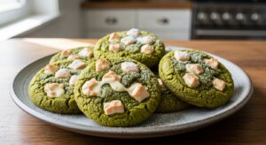 Plate of green matcha cookies topped with white chocolate chunks and powdered sugar on a wooden table