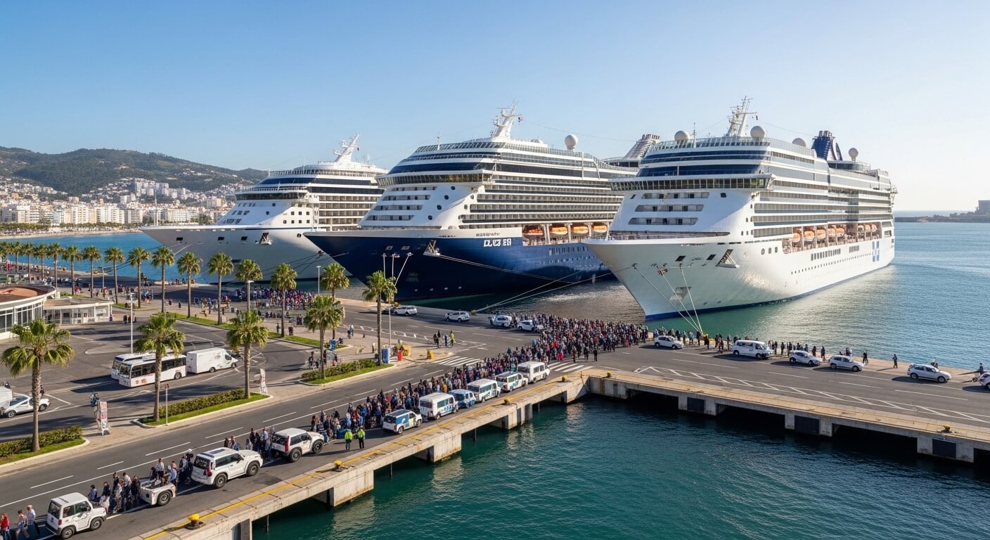 Three large cruise ships docked at a port with long lines of passengers waiting to board or disembark