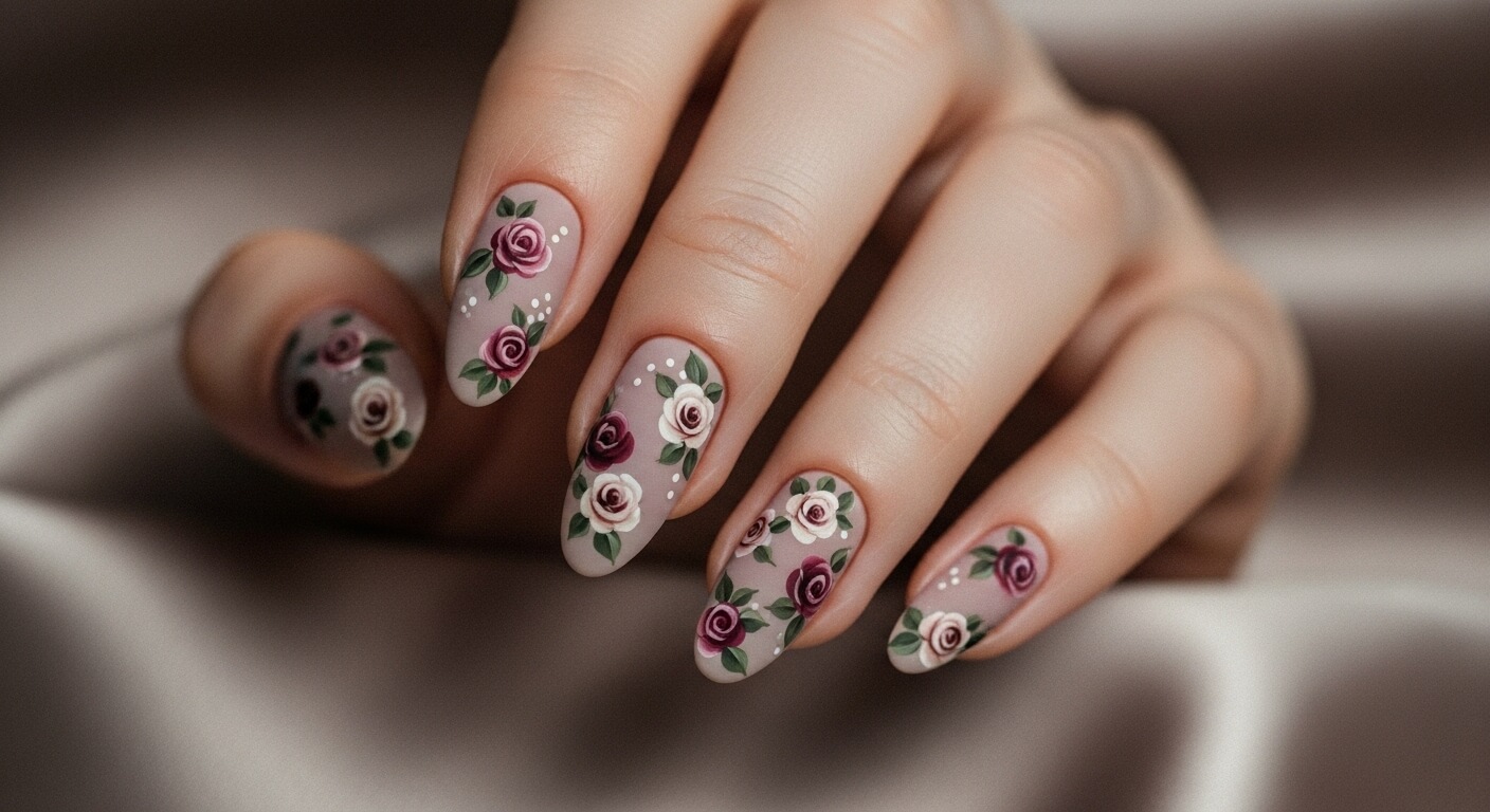 Hand with long nails painted in matte nude polish featuring detailed pink and white rose floral nail art designs.