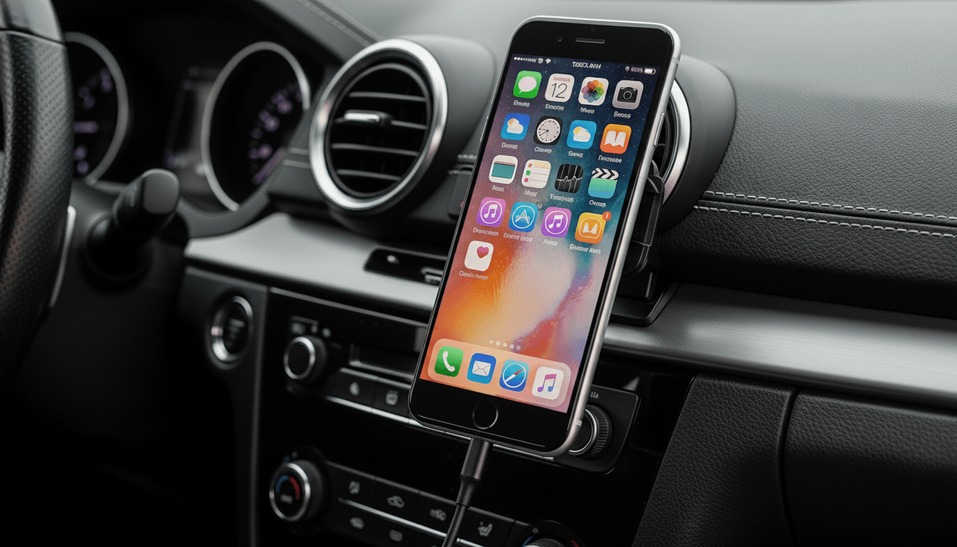 iPhone mounted on a car dashboard phone holder with apps displayed on the screen