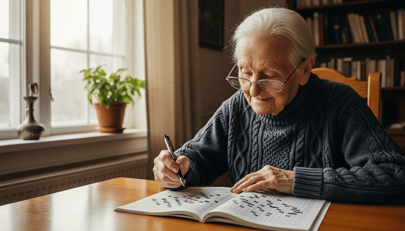 Elderly woman wearing glasses solving a crossword puzzle at a wooden table near a window.