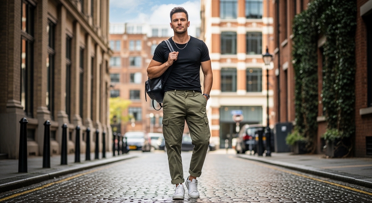 Man walking on city street wearing black t-shirt, olive cargo pants, white sneakers, and carrying a black backpack