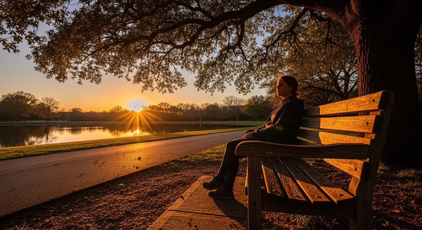 Person sitting on a wooden bench under a tree by a lake at sunset with sun rays reflecting on the water.