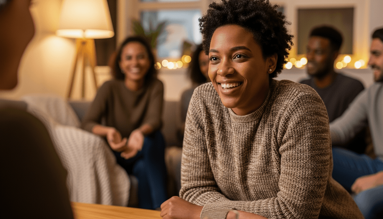 Smiling woman in a brown sweater talking with friends in a cozy living room setting.