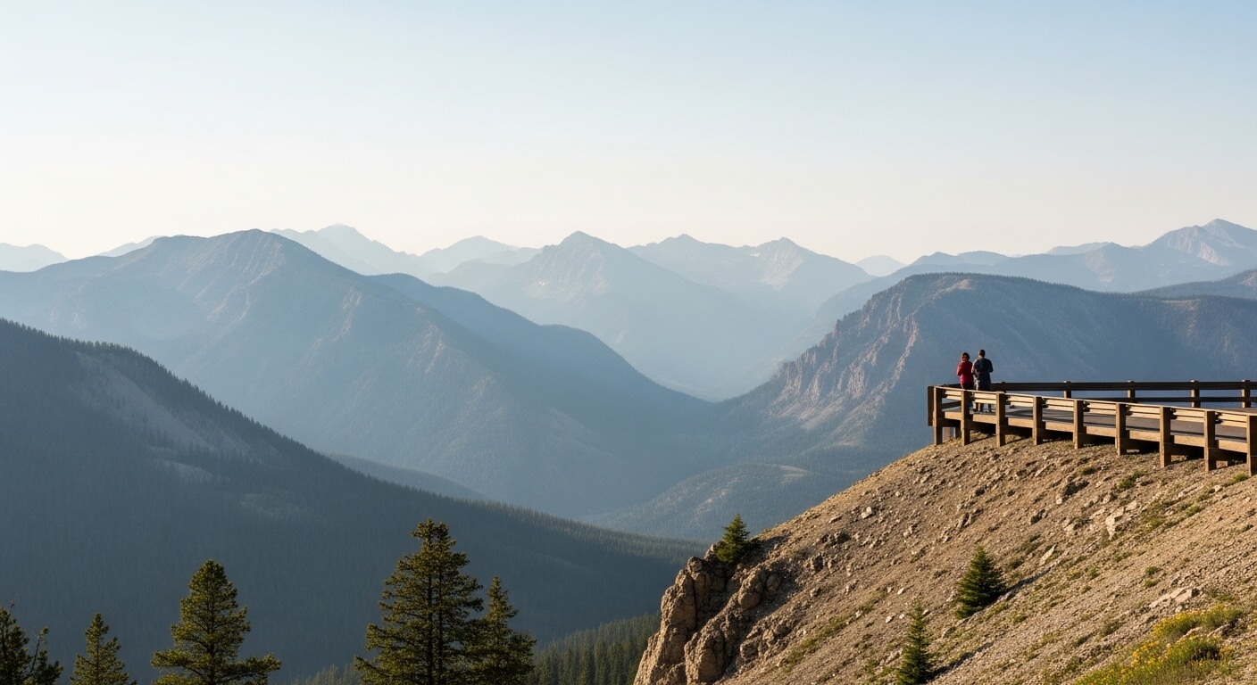 Two people standing on a wooden viewing platform overlooking layered mountain ranges under a clear sky.
