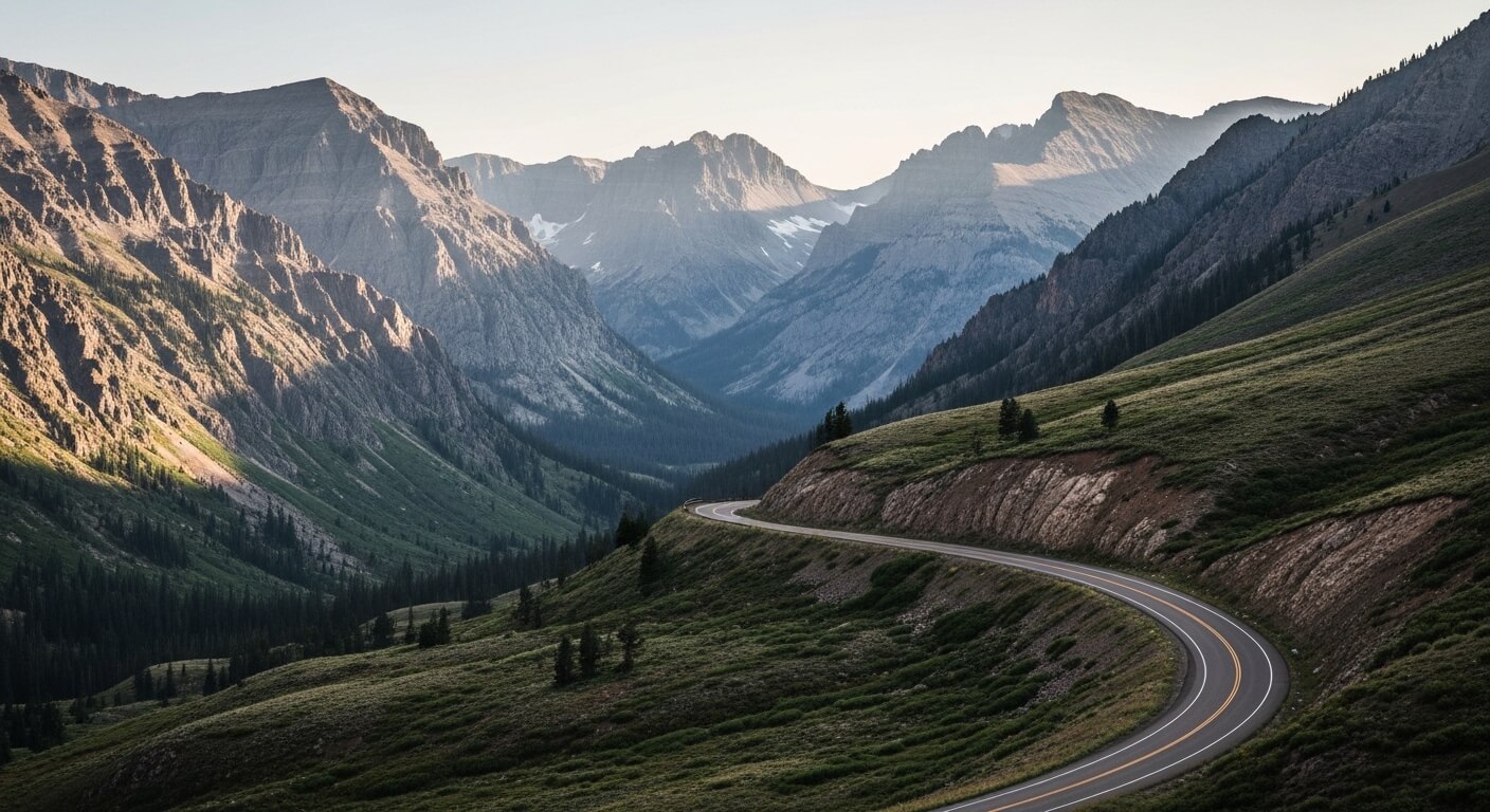 Winding mountain road through a green valley with rugged peaks in soft evening light
