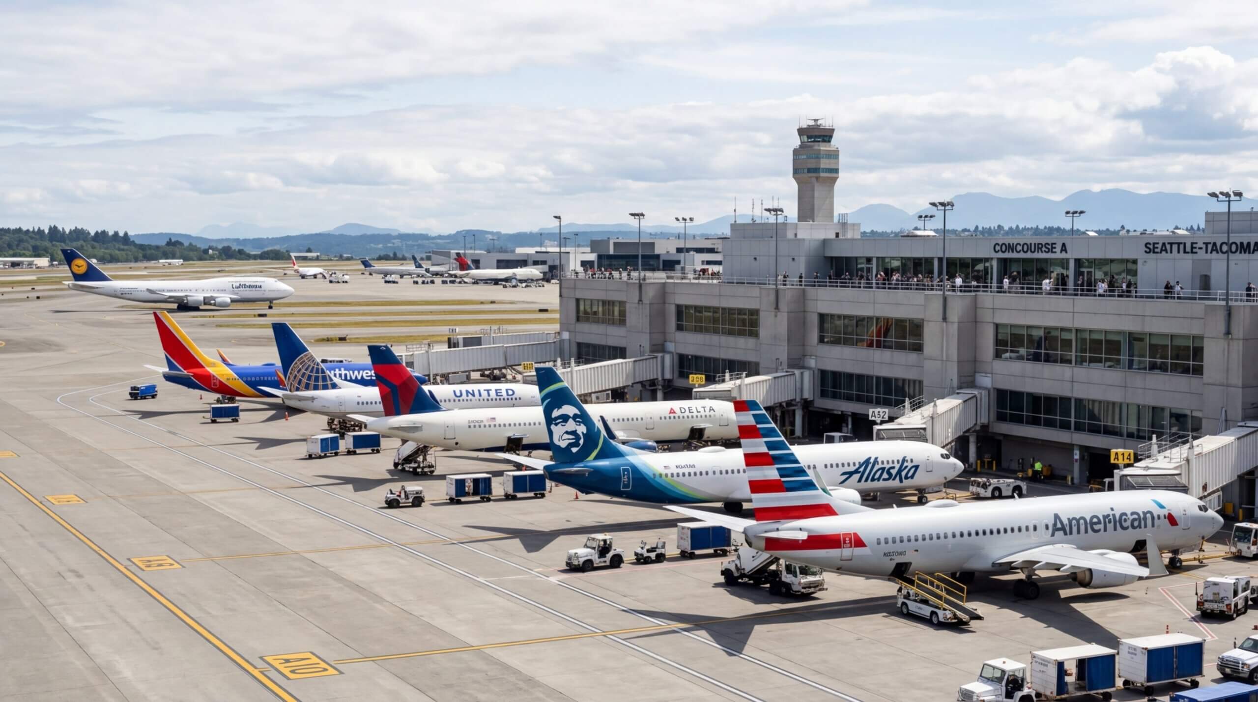 American Airlines, Alaska Airlines, Delta, United, Southwest, and Lufthansa planes parked at Seattle-Tacoma airport Concourse A.