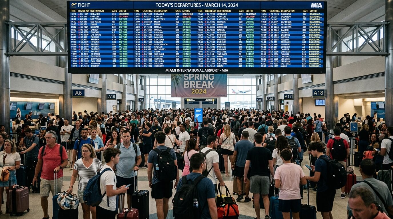 Crowded Miami International Airport terminal with travelers and a large departures board showing flights on March 14, 2024.