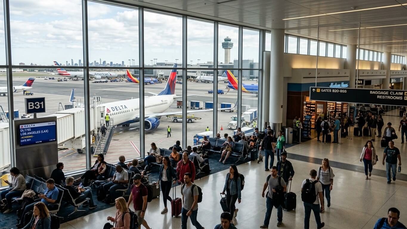 Passengers waiting and walking near Delta Air Lines gate B31 with planes visible outside at a busy airport terminal.