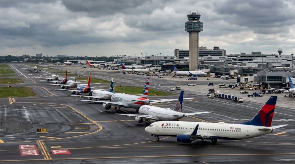 Delta, United, American, and Southwest airplanes lined up on a wet runway at an airport with a control tower under cloudy skies.