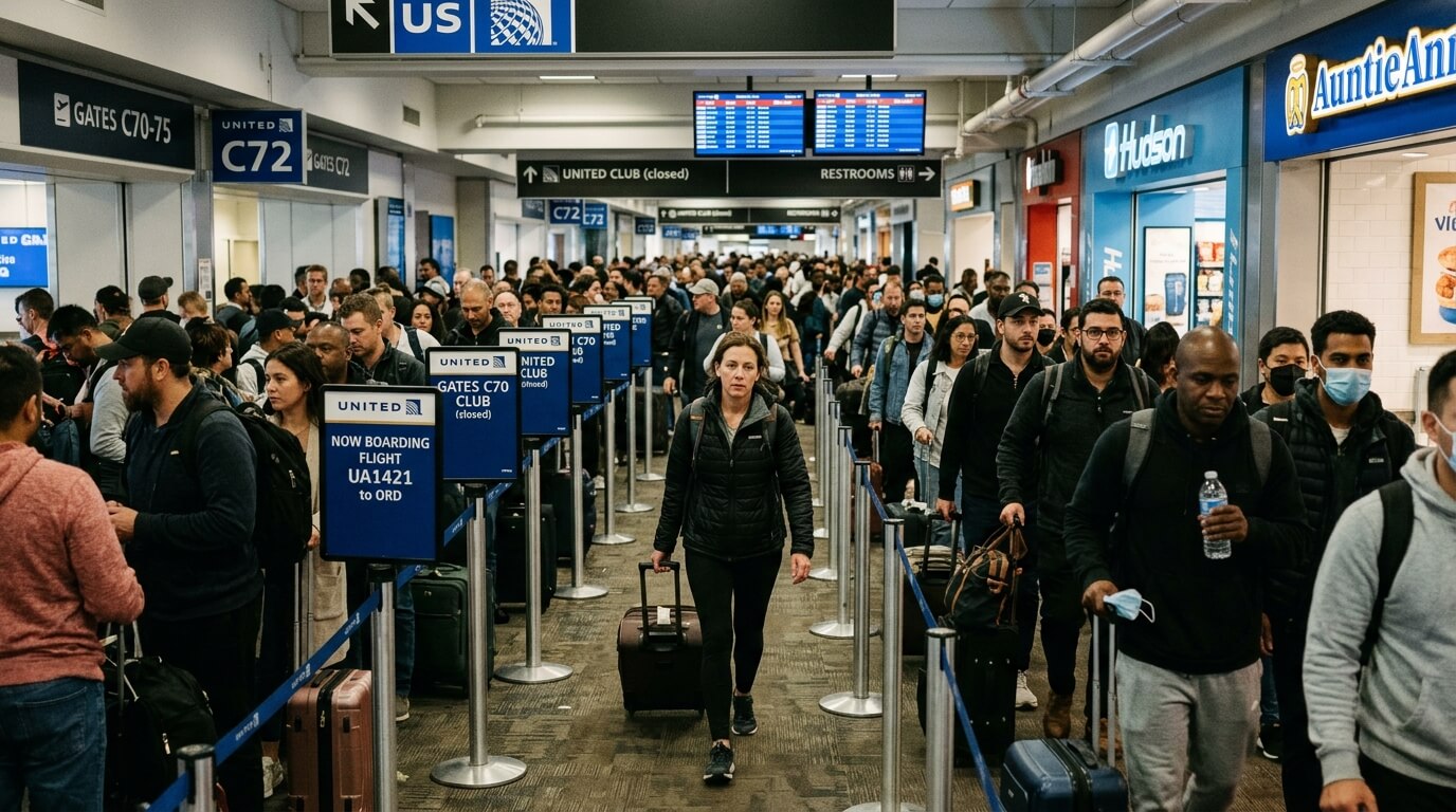 Crowded United Airlines boarding area with passengers lining up for flight UA1421 to Chicago O'Hare (ORD)