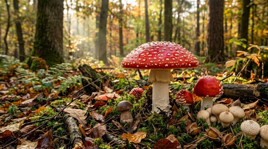 Red fly agaric mushrooms and other fungi growing on a forest floor with autumn leaves and sunlight filtering through trees