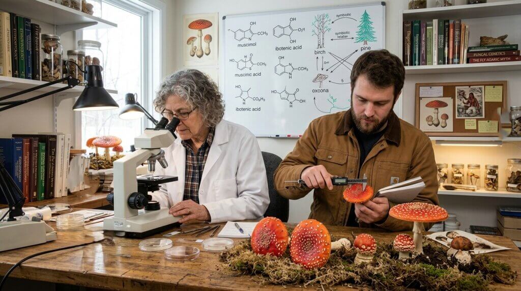 Two scientists examining and measuring red mushrooms in a lab with a microscope and chemical diagrams on a whiteboard