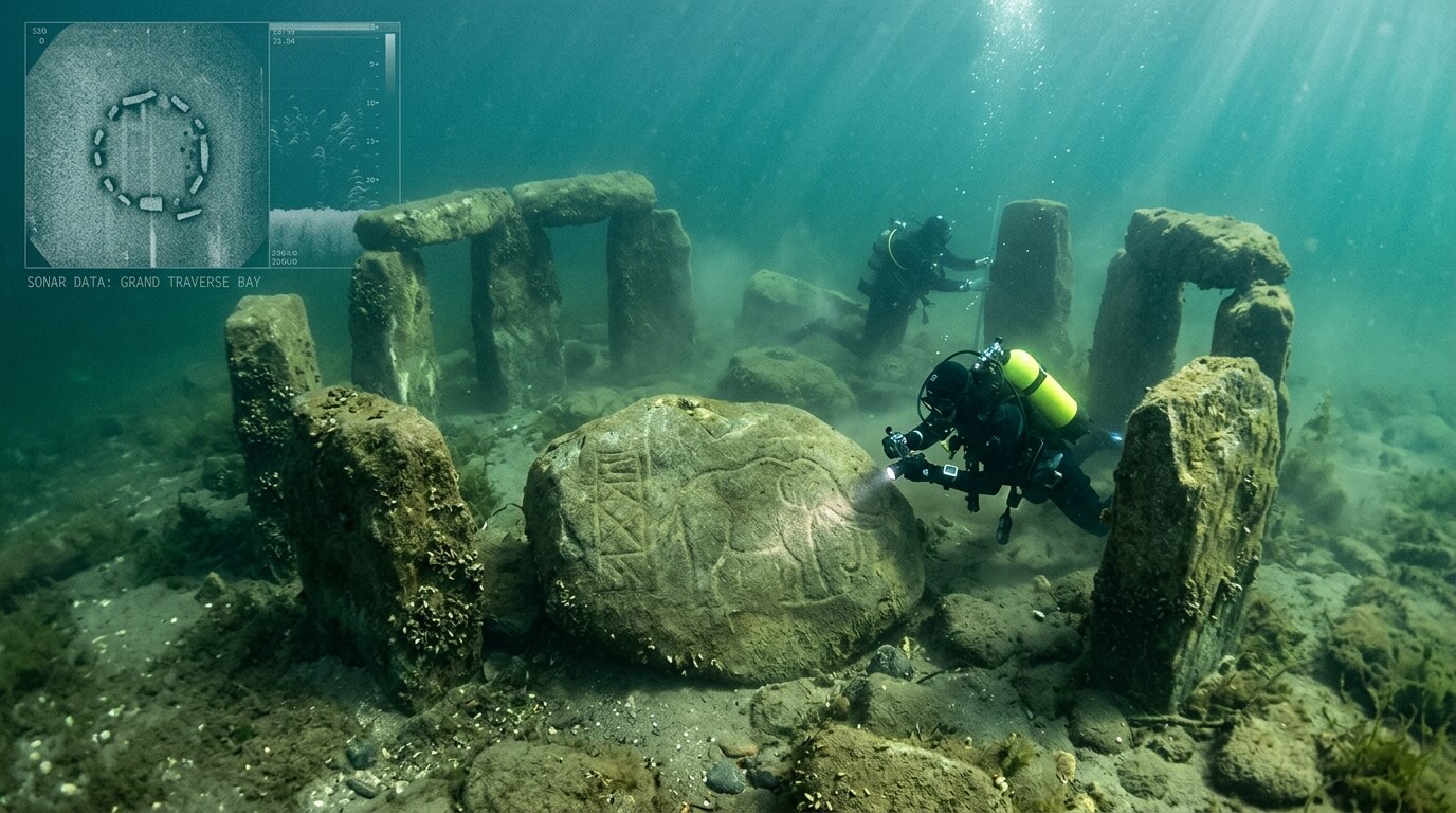 Two scuba divers explore an underwater stone circle with carved rock in Grand Traverse Bay, sonar data inset visible.