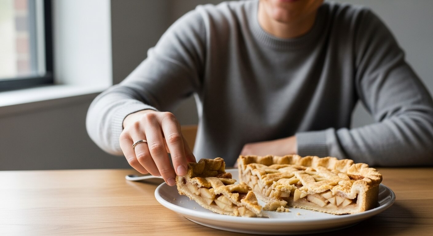 Person in gray sweater picking up a slice of lattice-topped apple pie from a white plate on a wooden table