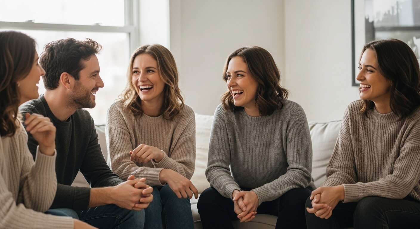 Five young adults sitting on a couch laughing and engaging in a friendly conversation indoors.