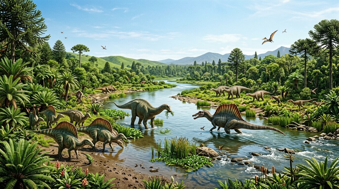 Dinosaurs, including Spinosaurus and herbivores, gathered around a river in a lush prehistoric landscape.