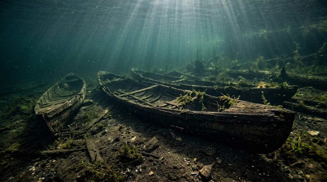 Sunlight beams illuminate several old, moss-covered wooden boats submerged underwater.