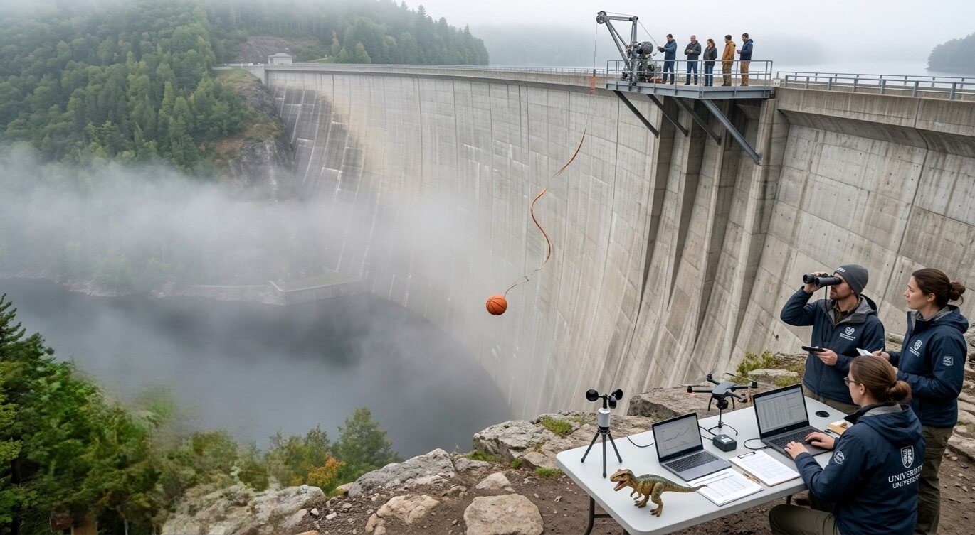 Researchers from Universitetet observing a basketball suspended by a cable over a foggy dam with scientific equipment.