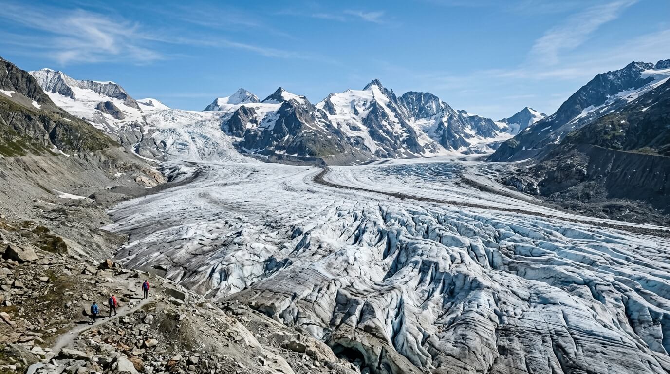 Hikers walking on a rocky trail beside a large glacier with snow-covered mountains under a blue sky