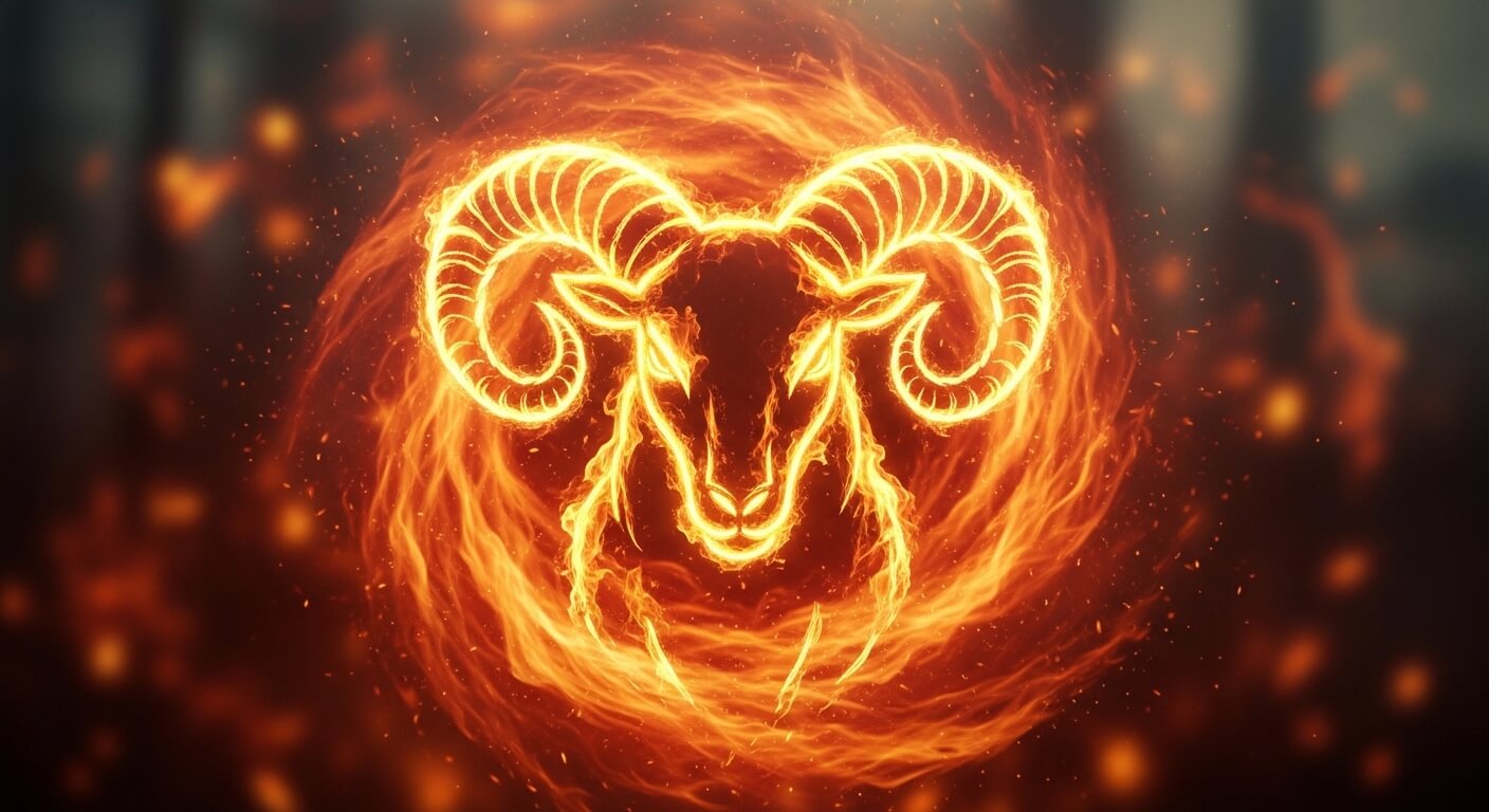 Fiery glowing outline of a ram's head with large curved horns surrounded by swirling flames.