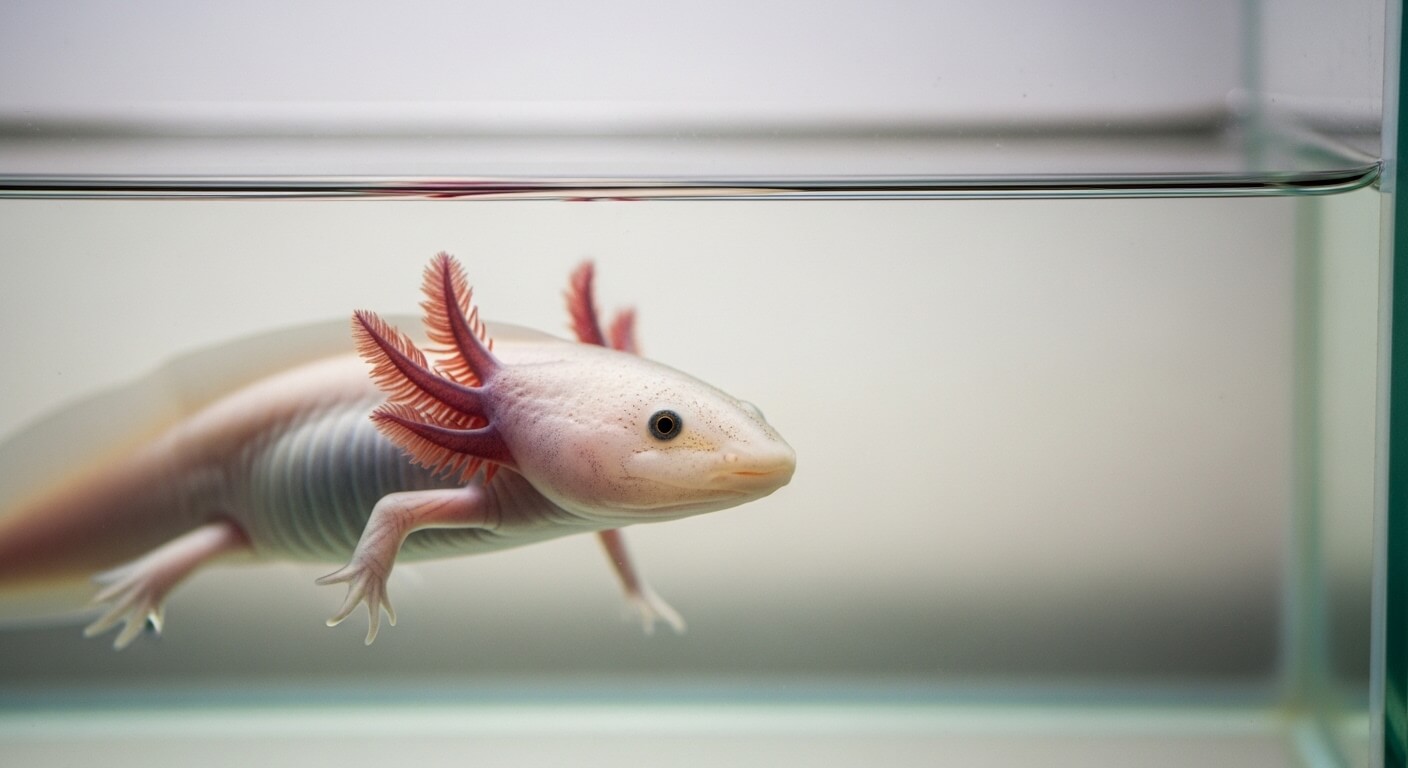 Axolotl with external gills swimming in a clear aquarium tank.