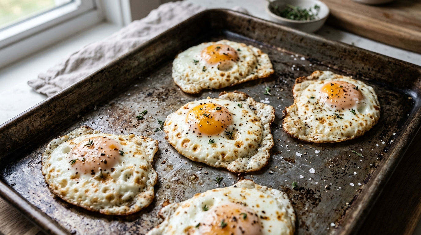 Five fried eggs seasoned with black pepper and herbs on a baking sheet near a window