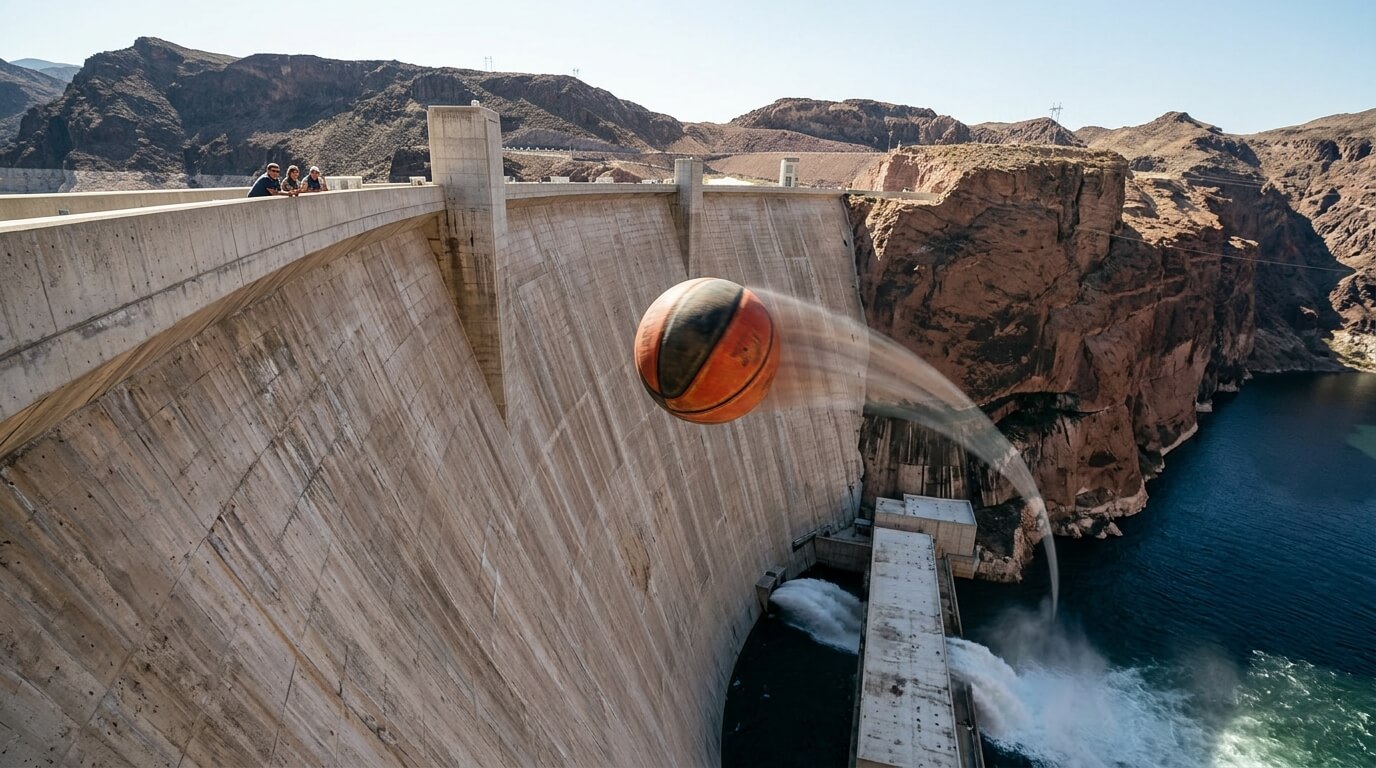 Basketball flying over Hoover Dam with three people observing from the top edge.