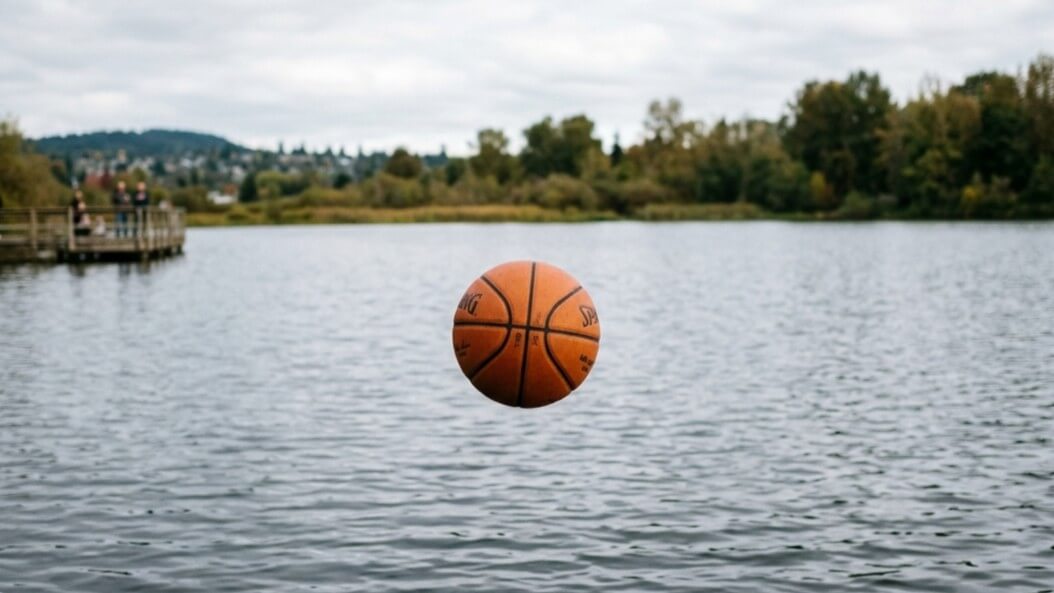 Spalding basketball floating above a lake with trees and people on a dock in the background