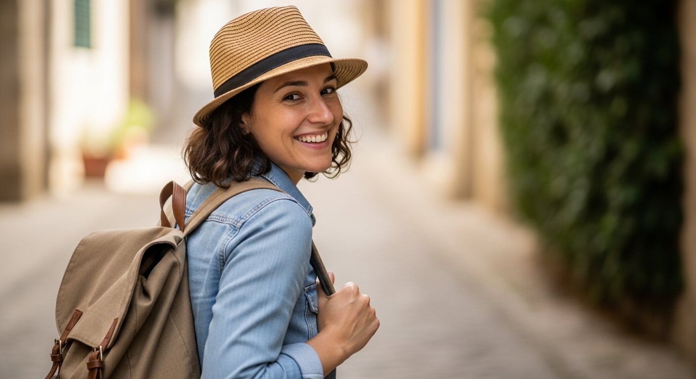 Smiling woman wearing a straw hat and denim jacket carrying a beige backpack on a blurred street.