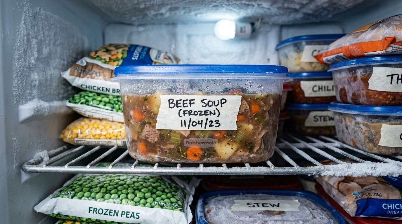 Plastic container labeled "Beef Soup (Frozen) 11/04/23" inside a freezer with frozen vegetables and other labeled containers.