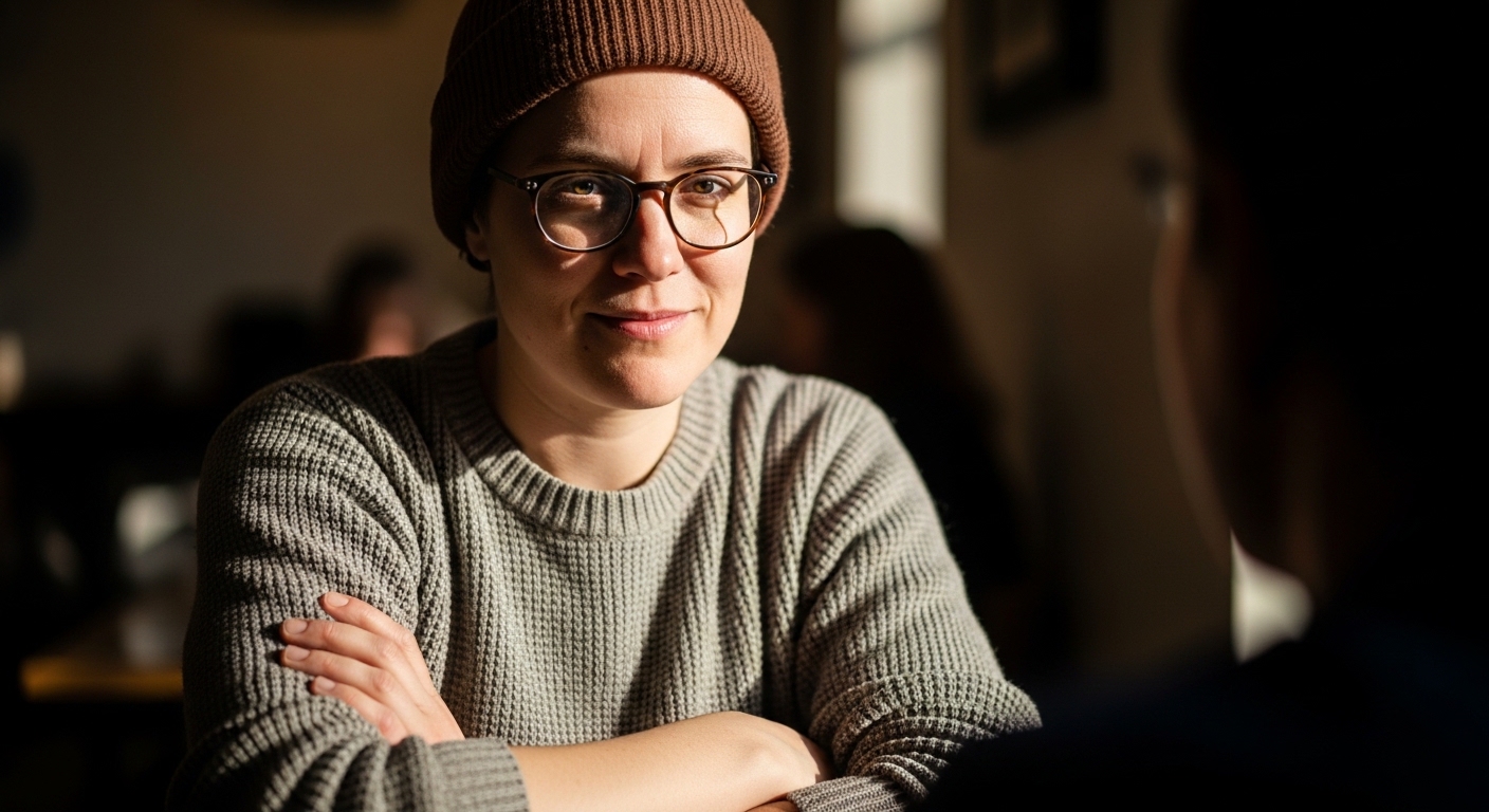 Person wearing glasses and a brown beanie with a gray sweater sitting with arms crossed in a dimly lit room.