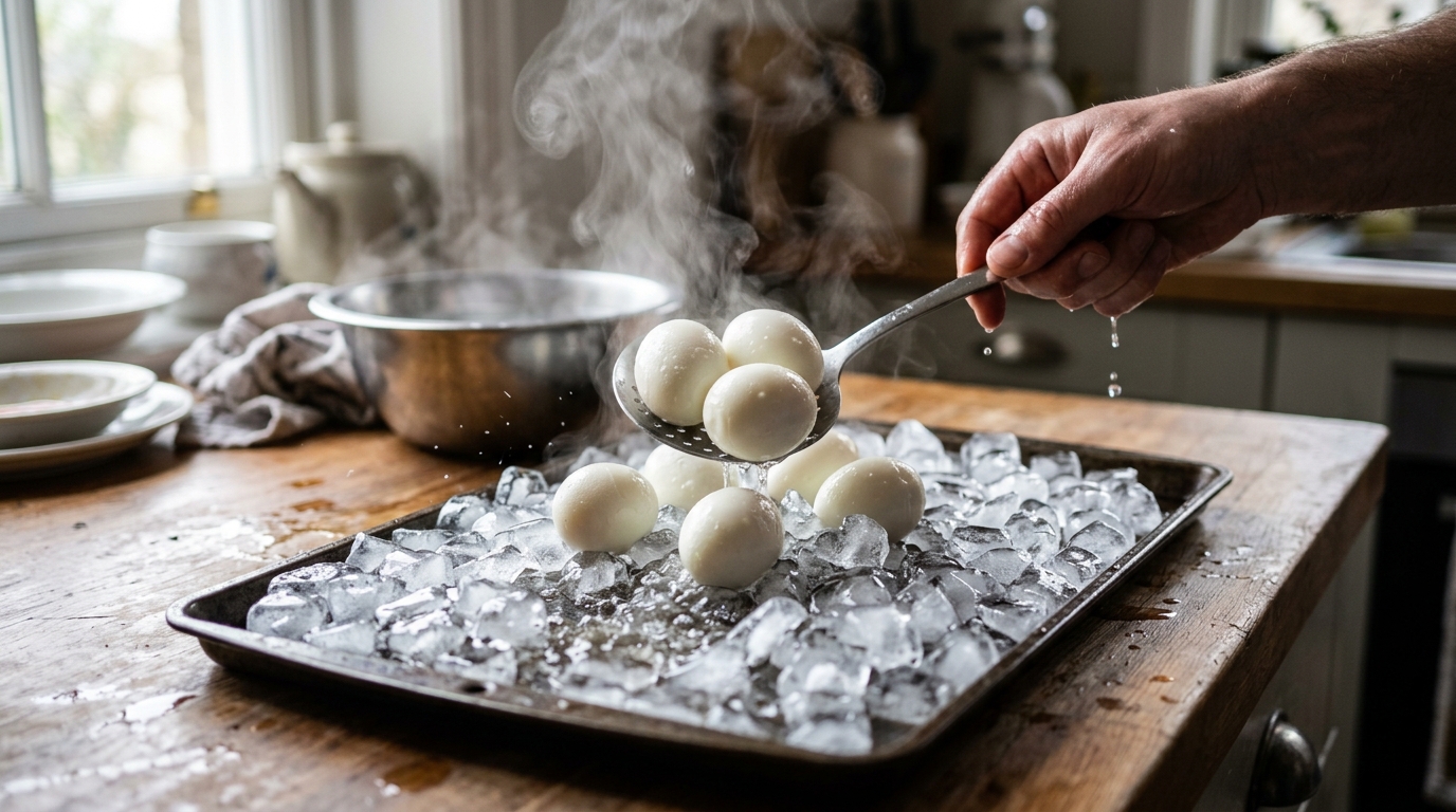 Hand placing peeled boiled eggs from a slotted spoon onto ice cubes on a baking tray in a kitchen.
