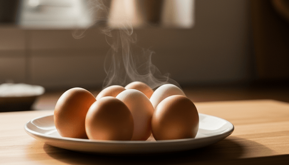 Seven steaming brown eggs on a white plate on a wooden table