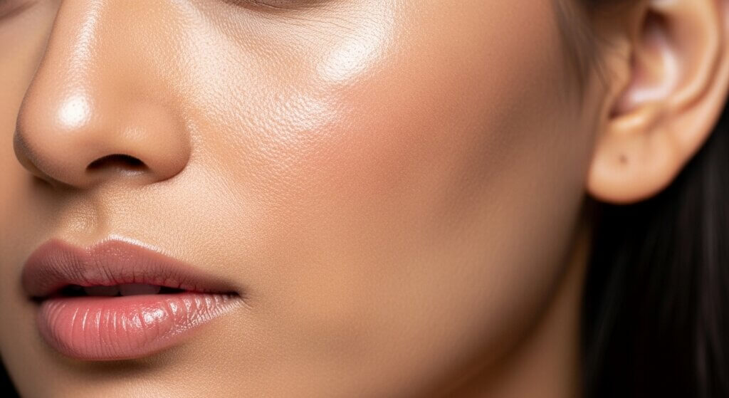 Close-up of a woman's smooth, glowing skin with natural makeup on lips and cheek.