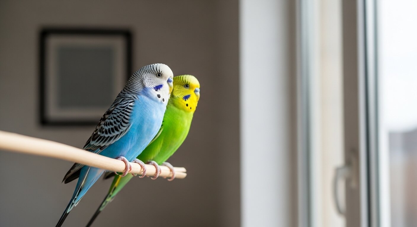 Two budgerigars, one blue and one green, perched on a wooden dowel near a window.