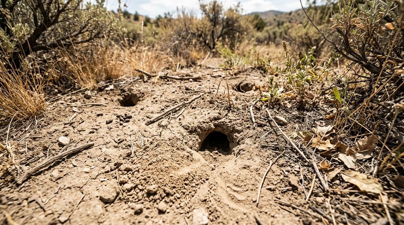 Close-up of multiple small animal burrows in dry, cracked soil surrounded by sparse desert vegetation.