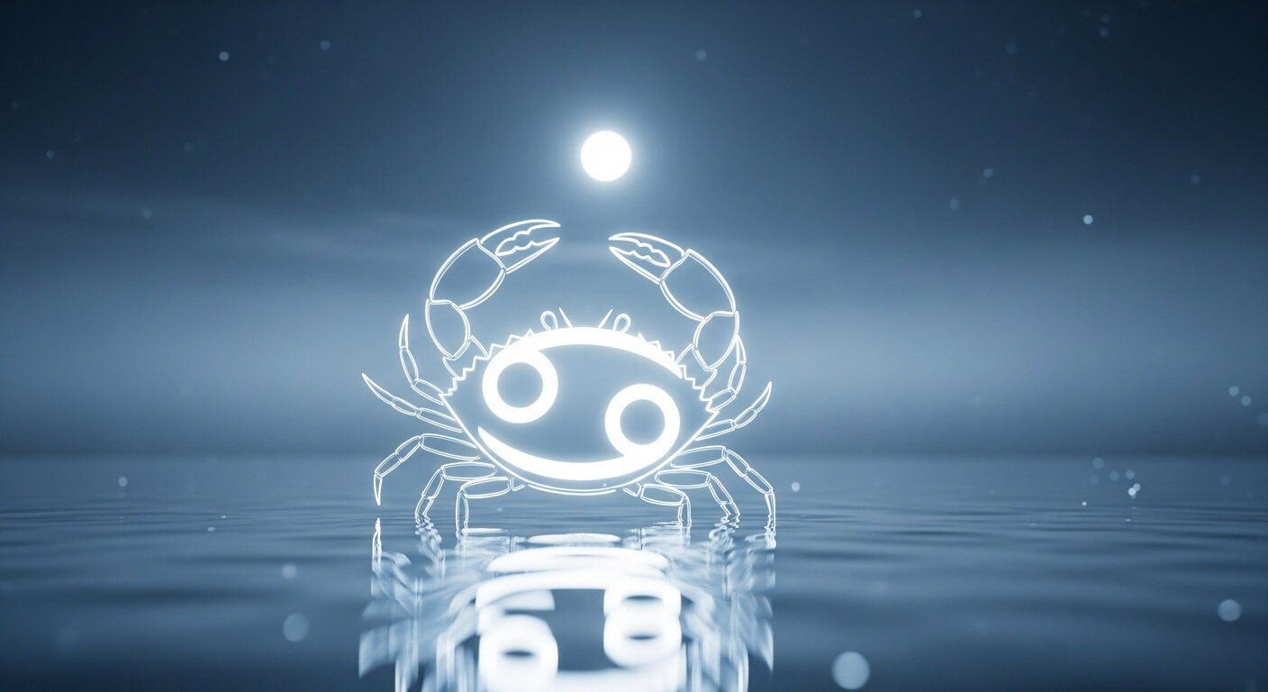 Glowing neon Cancer zodiac crab symbol above reflective water under a full moon at night.