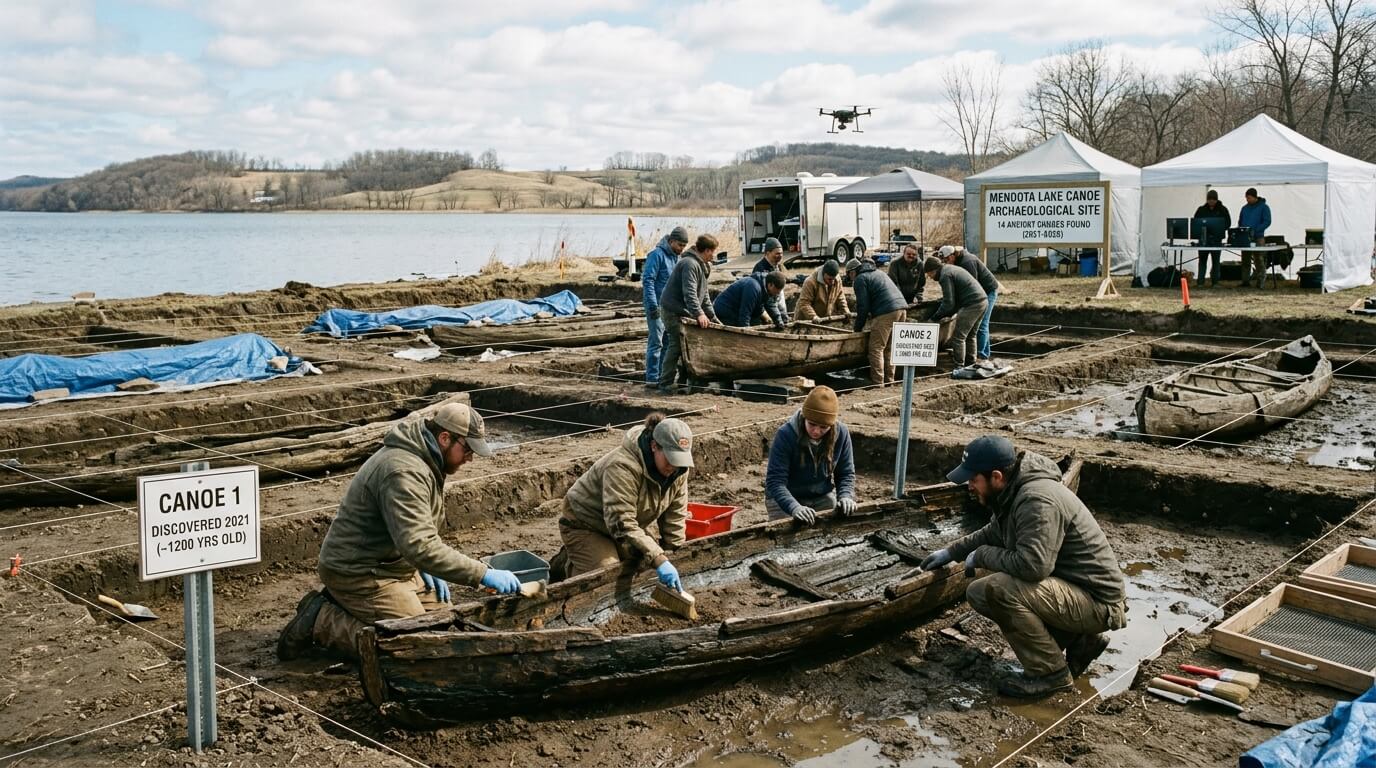 Archaeologists excavating and cleaning two ancient canoes at Menoota Lane Canoe Archaeological Site by a lakeshore.