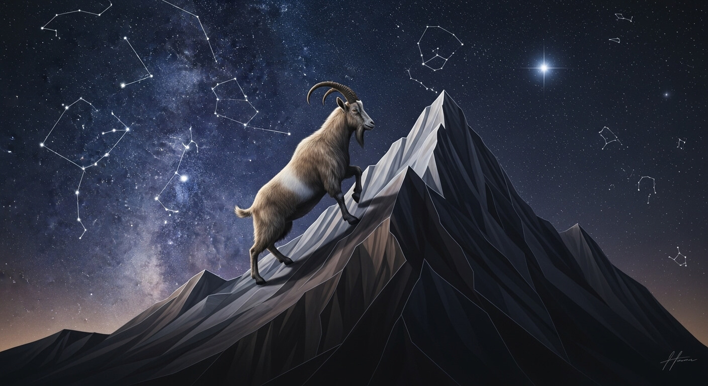 Mountain goat climbing a peak under a starry sky with visible constellations and the Milky Way.