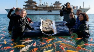 Divers in wetsuits with koi fish surrounding a floating platform holding an ancient artifact, a large ship in the background
