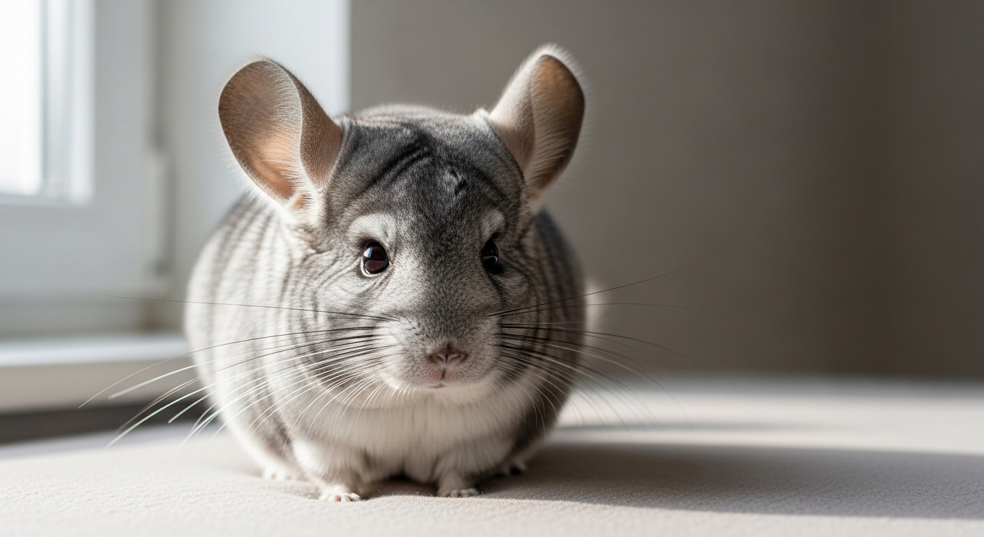 Close-up of a gray chinchilla with large ears and long whiskers sitting on a light surface near a window.