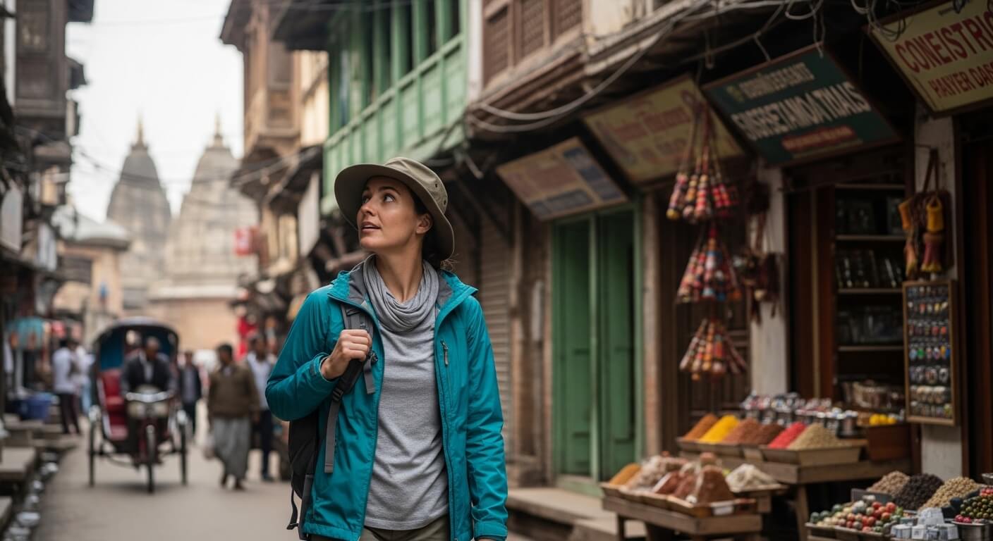 Woman in teal jacket and hat exploring a street market with spices and souvenirs in an old city.