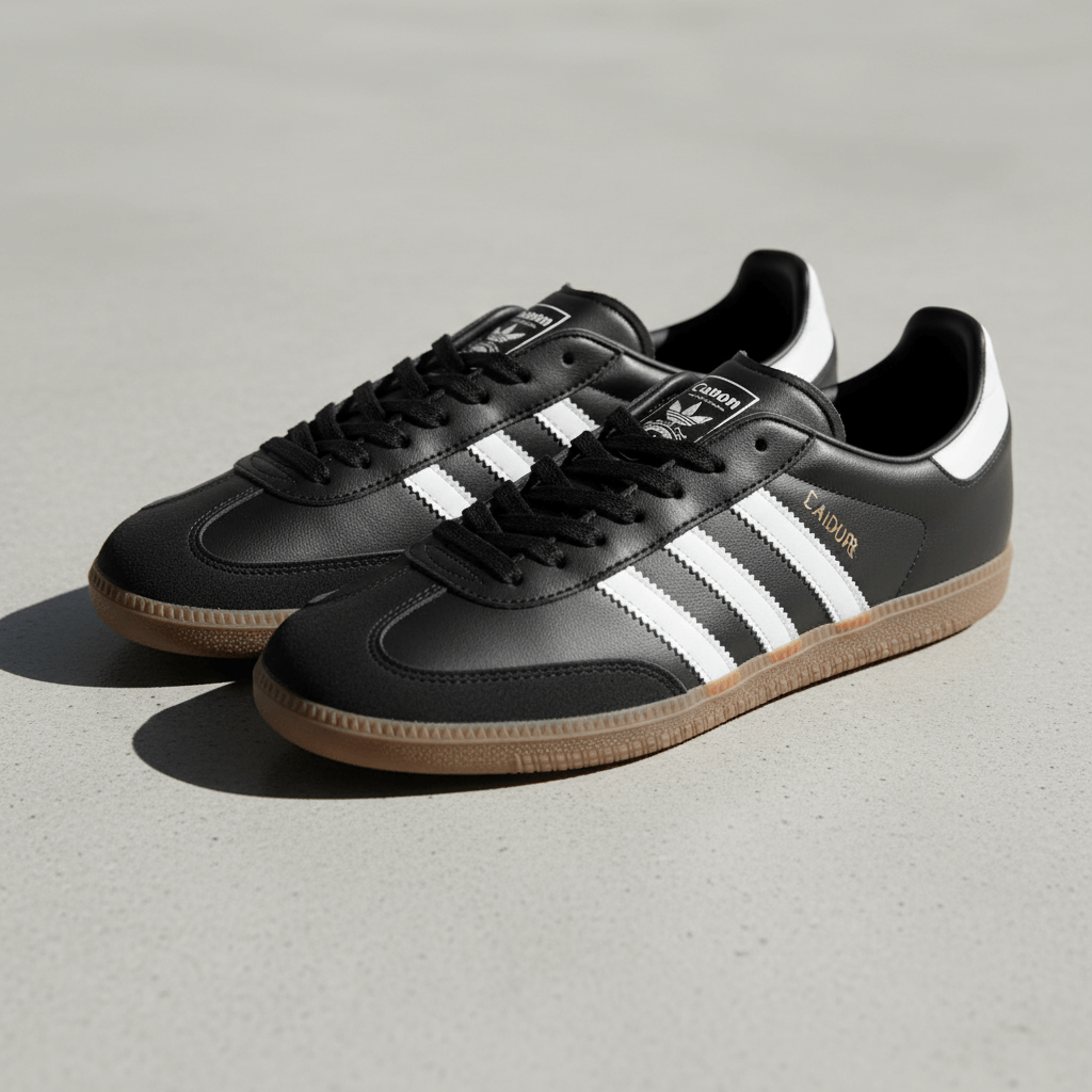 Black Adidas Samba sneakers with white stripes and gum soles on a light surface