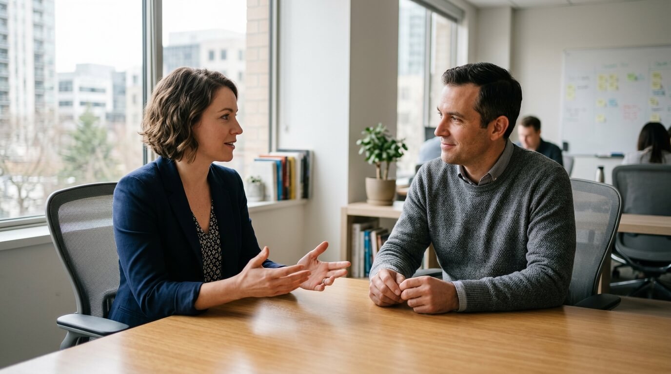 Two colleagues having a discussion at a wooden table in a modern office with large windows.
