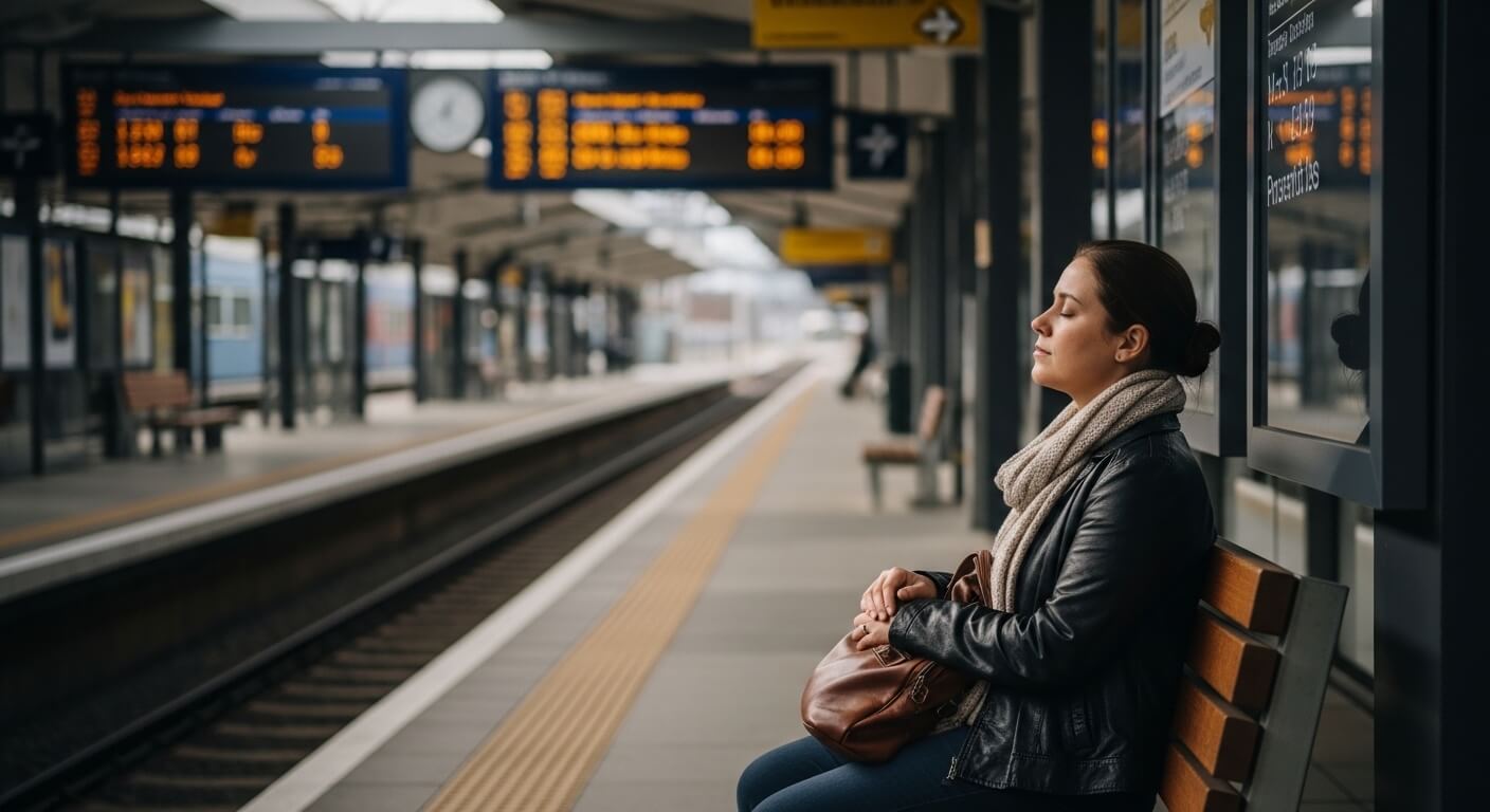 Woman in leather jacket and scarf sitting with eyes closed on bench at train station platform