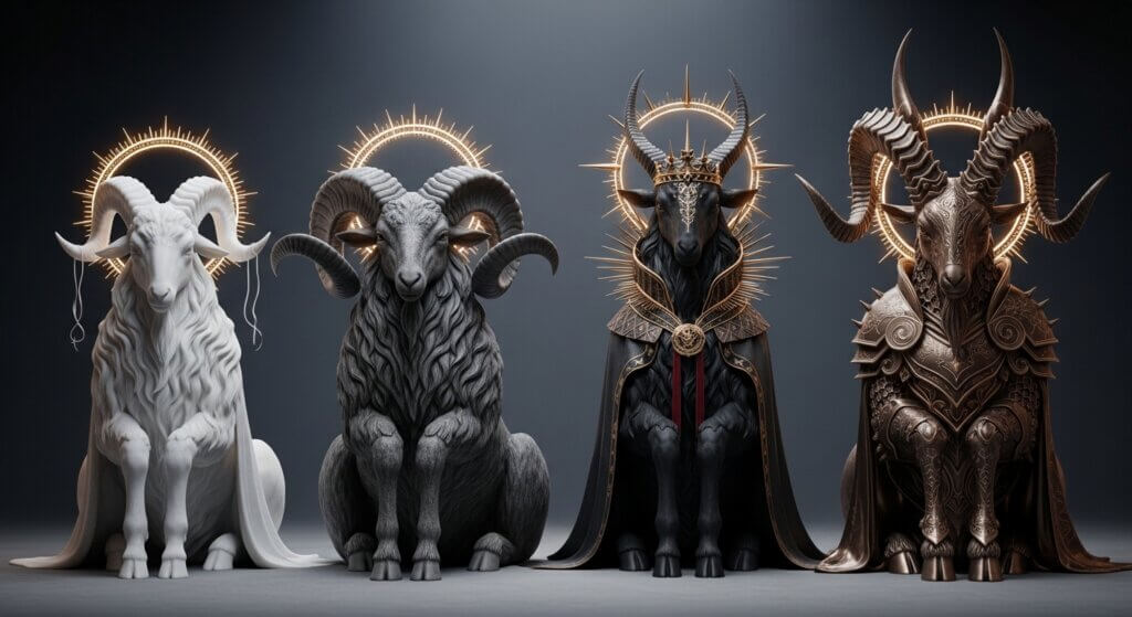 Four stylized goats with glowing halos, one wearing a crown and cloak, arranged in a row against a dark background.