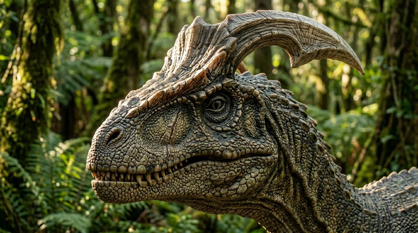 Close-up of a horned dinosaur head with textured skin in a dense forest setting