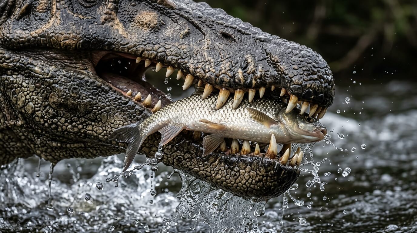 Close-up of a crocodile biting a fish with water splashing around its mouth.