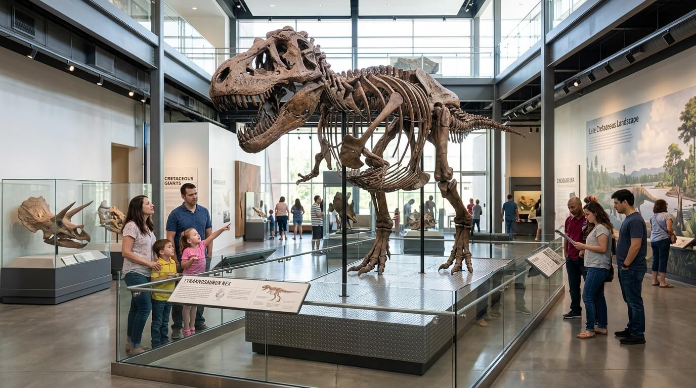 Tyrannosaurus rex skeleton displayed in a museum with families and visitors observing and reading information.